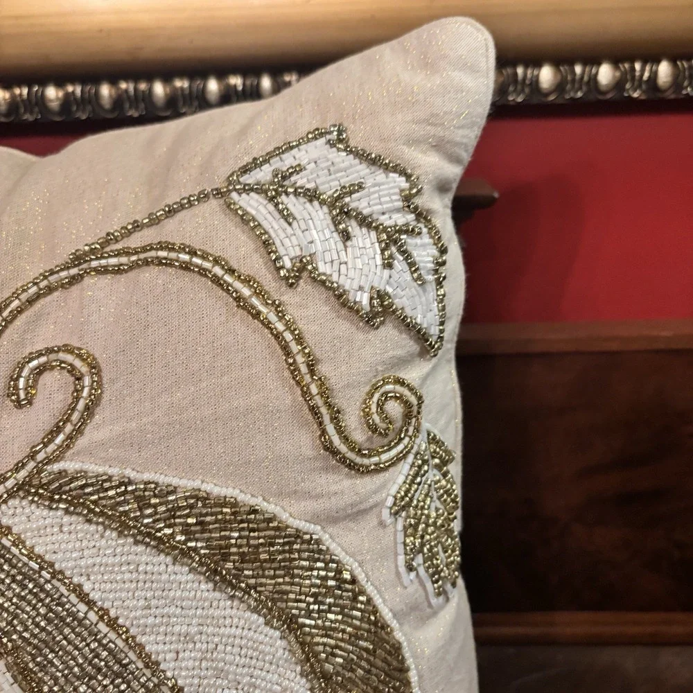 Pier 1 Beaded Pumpkin Throw Pillow‎ Ivory Gold Fall Harvest Decor 14